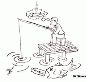 Fishing Japanese researchers suggest that plastic debris is a transporter of toxic chemicals into the marine food chain. Illustration by Willis Simms.